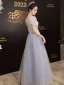 Chic / Beautiful Sky Blue Sequins Beading Prom Dresses 2023 A-Line / Princess Scoop Neck Short Sleeve Backless Floor-Length / Long Formal Dresses