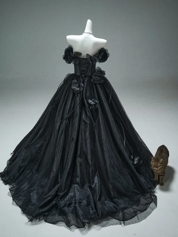 Haut de Gamme Vintage / Originale Noire Appliques Robe De Bal Robe Boule 2025 De l'épaule Manches Courtes Dos Nu Train De Balayage Robe De Ceremonie