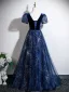 Vintage / Retro Royal Blue Glitter Rhinestone Prom Dresses 2025 A-Line / Princess Square Neckline Short Sleeve Backless Floor-Length / Long Prom Formal Dresses