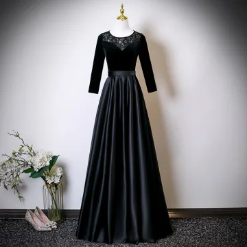Vintage Originale Noire En Dentelle Fleur Satin Robe Mère De La Mariée 2025 Princesse Encolure Dégagée Manches Longues Dos Nu Longue