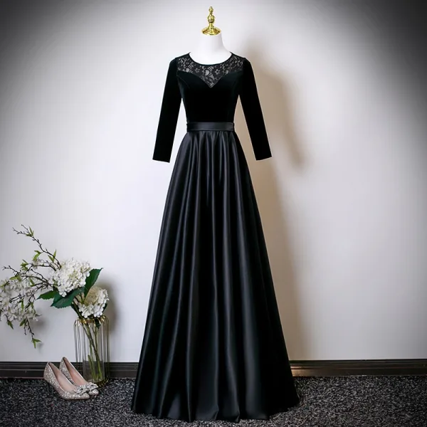 Vintage Retro Black Lace Flower Satin Mother Of The Bride Dresses 2025 A  Line Princess Scoop Neck Long Sleeve Backless Floor Length Long