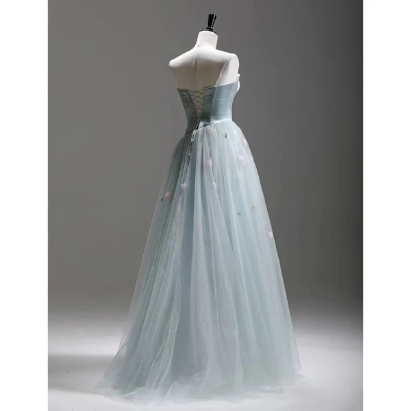 Chic / Beautiful Sky Blue Appliques Prom Dresses 2024 A-Line / Princess Strapless Sleeveless Backless Floor-Length / Long Prom Formal Dresses
