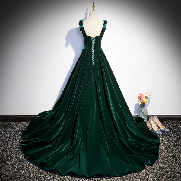 open lace back dress Simple V Neck Backless Emerald Green Satin Long Prom Dress, Backless E –  abcprom main image 1