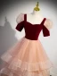 Chic / Beautiful Burgundy Glitter Cascading Ruffles Prom Dresses 2023 Ball Gown Square Neckline Short Sleeve Backless Floor-Length / Long Prom Formal Dresses