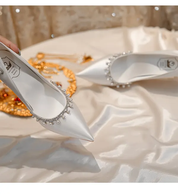 Elegant Red Pearl Rhinestone Wedding Shoes 2026 Leather 8 cm Stiletto Heels Pointed Toe Wedding Pumps