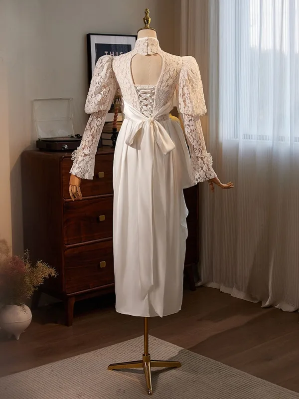Vintage / Retro Ivory Beading Pearl Lace Flower Satin Engagement Wedding Dresses 2025 Trumpet / Mermaid High Neck Long Sleeve Backless Bow Tea-length