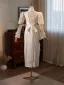 Vintage / Retro Ivory Beading Pearl Lace Flower Satin Engagement Wedding Dresses 2025 Trumpet / Mermaid High Neck Long Sleeve Backless Bow Tea-length