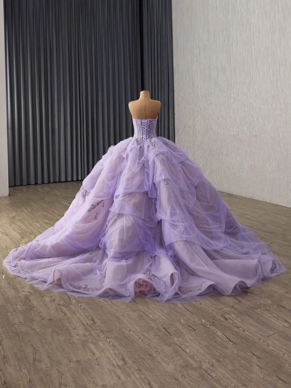 Luxury / Gorgeous Purple Handmade  Beading Sequins Cascading Ruffles Prom Dresses 2025 Ball Gown Strapless Sleeveless Backless Chapel Train Prom Formal Dresses