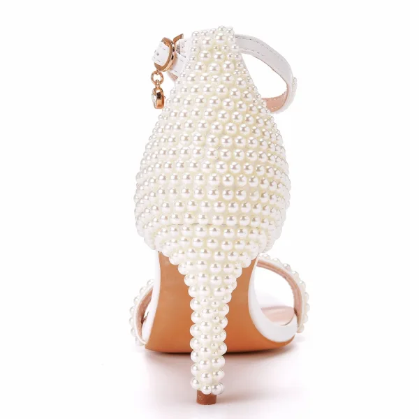 Sexy Beige Pearl Wedding Shoes 2023 Ankle Strap 8 cm Stiletto Heels Open / Peep Toe Wedding Sandals High Heels