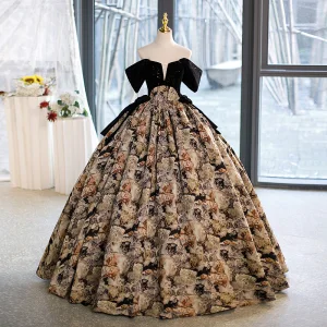 Vintage Retro Black Printing Sequins Prom Dresses 2023 Ball Gown Strapless Short Sleeve Backless Bow Floor Length Long Prom Formal Dresses