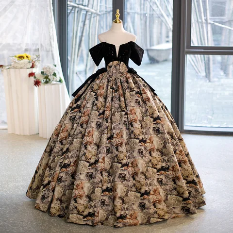 Vintage Schwarz Drucken Pailletten Ballkleider 2023 Ballkleid Bandeau Kurze Ärmel Rückenfreies Schleife Lange Ball Festliche Kleider