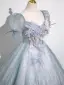 Elegant Sky Blue Beading Appliques Prom Dresses A-Line / Princess 2025 Square Neckline Short Sleeve Backless Floor-Length / Long Prom Formal Dresses
