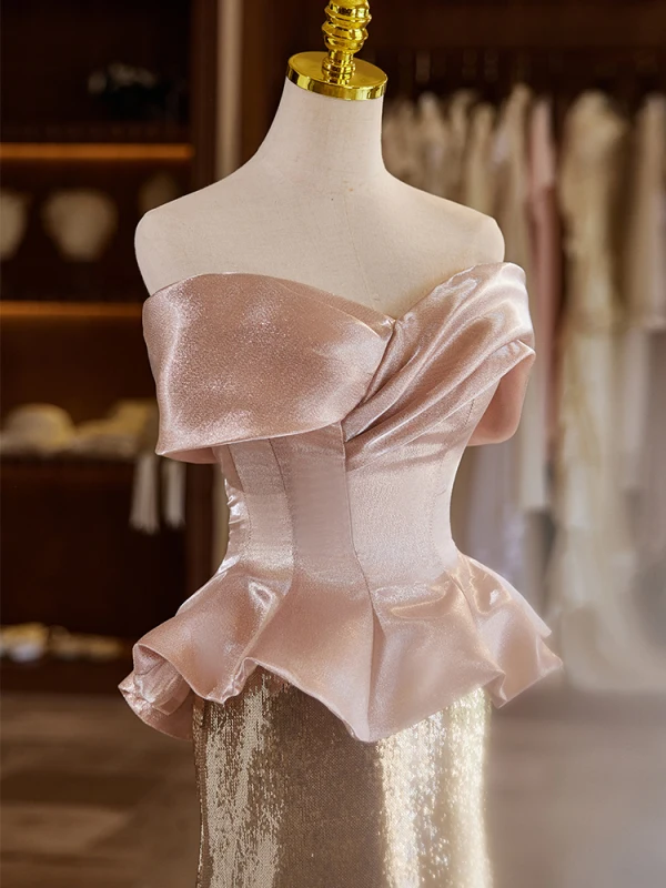 Charmant Zwei Töne Rosa Pailletten Ballkleider 2024 Meerjungfrau Off Shoulder Kurze Ärmel Rückenfreies Sweep / Pinsel Zug Ball Festliche Kleider