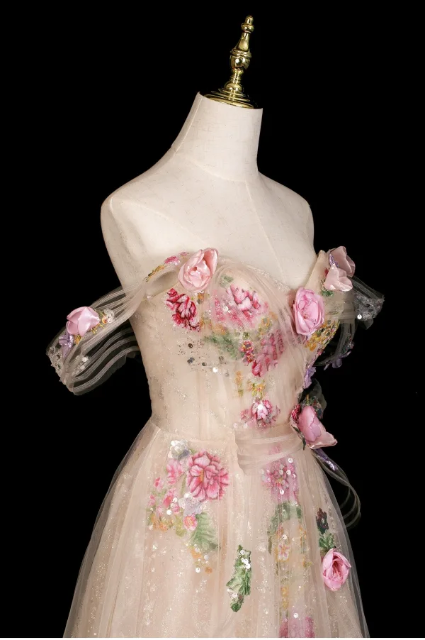 Charming Champagne Appliques Sequins Lace Flower Prom Dresses 2025 A-Line / Princess Strapless Sleeveless Backless Floor-Length / Long Prom Formal Dresses