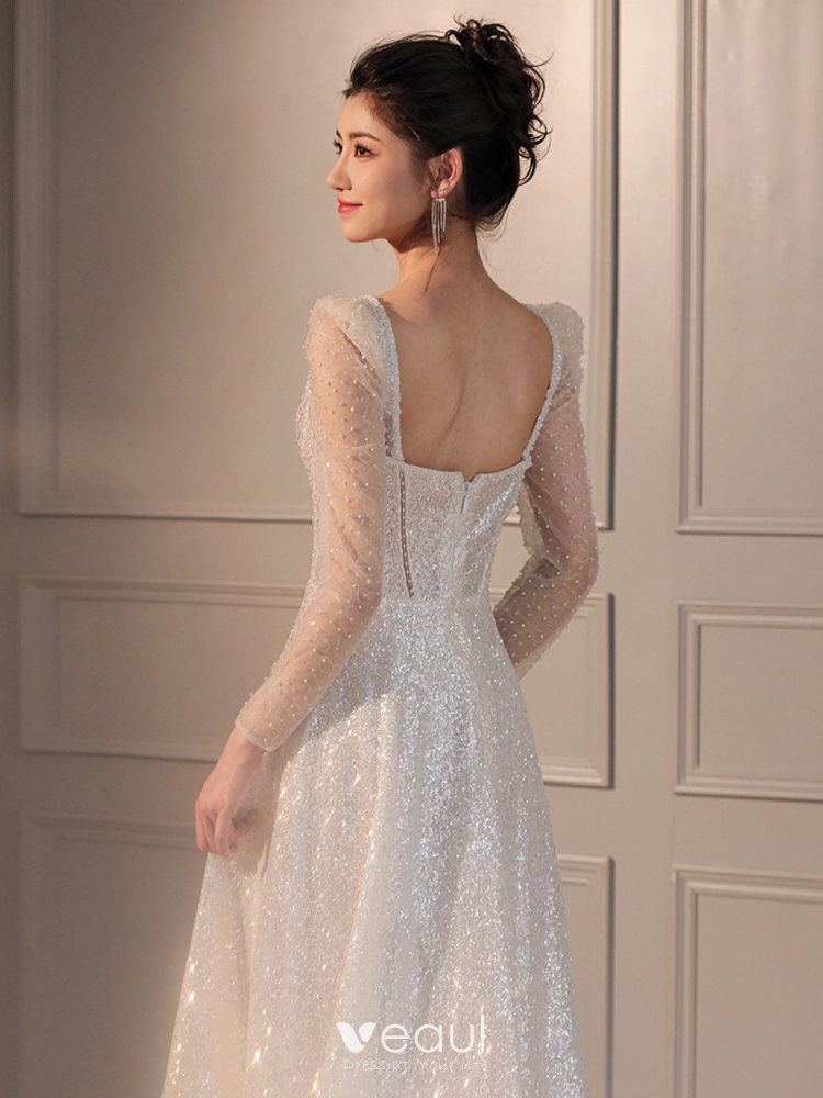 Sparkly Light Ivory Beading Pearl Wedding Dresses 2024 A-Line / Princess  Square Neckline Long Sleeve Backless