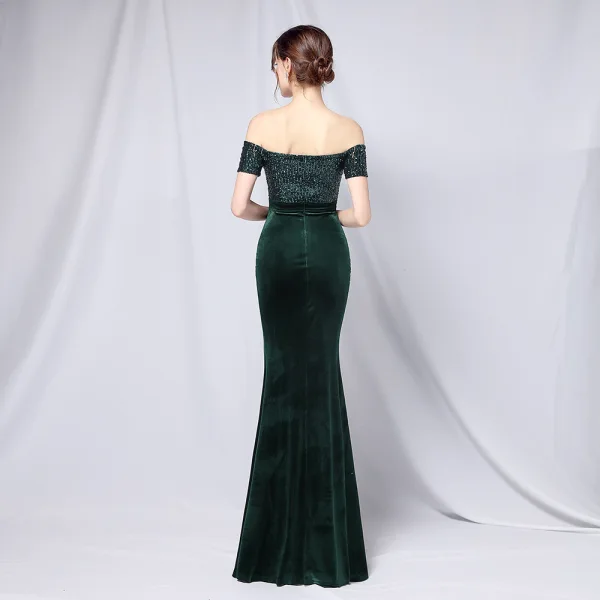Sexy Black Sequins Evening Dresses 2022 Trumpet / Mermaid Off-The-Shoulder Short Sleeve Backless Split Front Floor-Length / Long Prom Formal Dresses