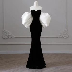 Modeste Noire Robe De Soirée 2023 Trompette Sirène Bustier Gonflée Manches Courtes Dos Nu Longue Soirée Robe De Ceremonie