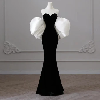 Modest Black Evening Dresses 2023 Trumpet Mermaid Strapless Puffy Short Sleeve Backless Floor Length Long Evening Party Formal Dresses