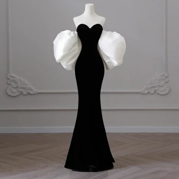 Modest Black Evening Dresses 2023 Trumpet Mermaid Strapless Puffy Short Sleeve Backless Floor Length Long Evening Party Formal Dresses