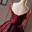 Vintage / Retro Burgundy Printing Short Homecoming Graduation Dresses 2024 A-Line / Princess Spaghetti Straps Sleeveless Backless Formal Dresses