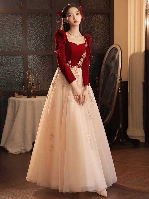 Elegant Burgundy Rhinestone Lace Flower Prom Dresses 2023 A-Line / Princess Square Neckline Long Sleeve Backless Floor-Length / Long Prom Formal Dresses