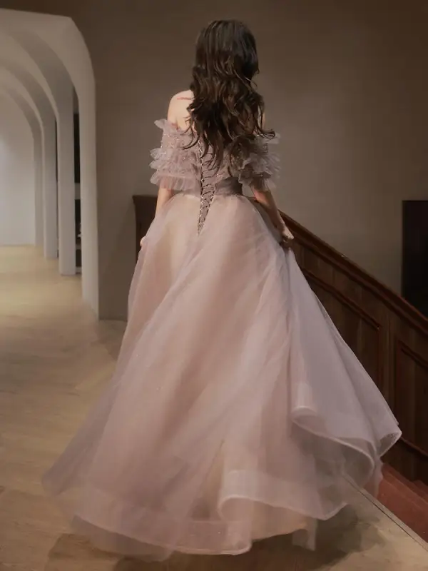 Charming Grey Beading Sequins Evening Dresses 2022 A-Line / Princess Off-The-Shoulder Short Sleeve Backless Floor-Length / Long Evening Party Prom Dresses