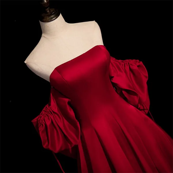 Classy Burgundy A-Line / Princess Prom Dresses 2024 Strapless Short Sleeve Backless Bow Floor-Length / Long Prom Formal Dresses