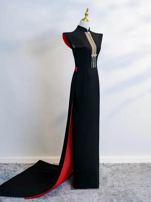 Vintage / Retro Chinese style Black Evening Party Cheongsam 2025 High Neck Cap Sleeves Sweep Train
