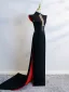 Vintage / Retro Chinese style Black Evening Party Cheongsam 2025 High Neck Cap Sleeves Sweep Train