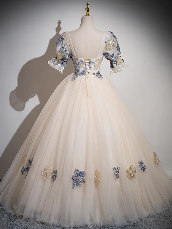 Elegant Champagne Printing Prom Dresses 2024 A-Line / Princess Square Neckline Puffy Short Sleeve Backless Floor-Length / Long Prom Formal Dresses