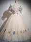 Elegant Champagne Printing Prom Dresses 2024 A-Line / Princess Square Neckline Puffy Short Sleeve Backless Floor-Length / Long Prom Formal Dresses