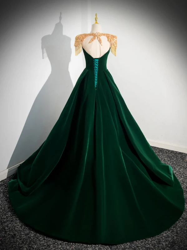 Elegante Dunkelgrün Perlenstickerei Quaste Samt Ballkleider 2024 Ballkleid Rundhalsausschnitt Ärmellos Rückenfreies Lange Ball Festliche Kleider