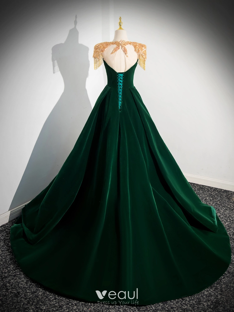 Elegant Dark Green Beading Tassel Velvet Prom Dresses 2024 Ball Gown ...