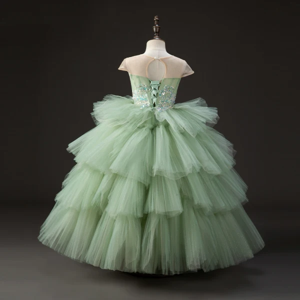 Charmant Vert Cendré Paillettes Volants en Cascade Anniversaire Robe Ceremonie Fille 2023 Robe Boule Encolure Dégagée Manches Courtes Dos Nu Longue