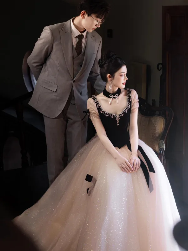 Chic / Belle Noire Faux Diamant Noeud Robe De Bal 2025 Robe Boule Encolure Carrée Manches Courtes Dos Nu Longue Tulle Robe De Ceremonie