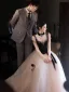 Chic / Belle Noire Faux Diamant Noeud Robe De Bal 2025 Robe Boule Encolure Carrée Manches Courtes Dos Nu Longue Tulle Robe De Ceremonie