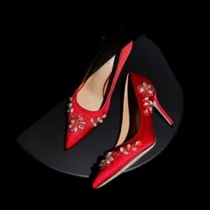 Snygga Fina Röd Satin Bal Kristall Pumps 2026 6 Cm Stilettklackar Spetsiga Högklackade