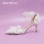Elegant White Pearl Lace Butterfly Flower Wedding Shoes 2024 Ankle Strap 9 cm Stiletto Heels Pointed Toe Wedding Sandals High Heels