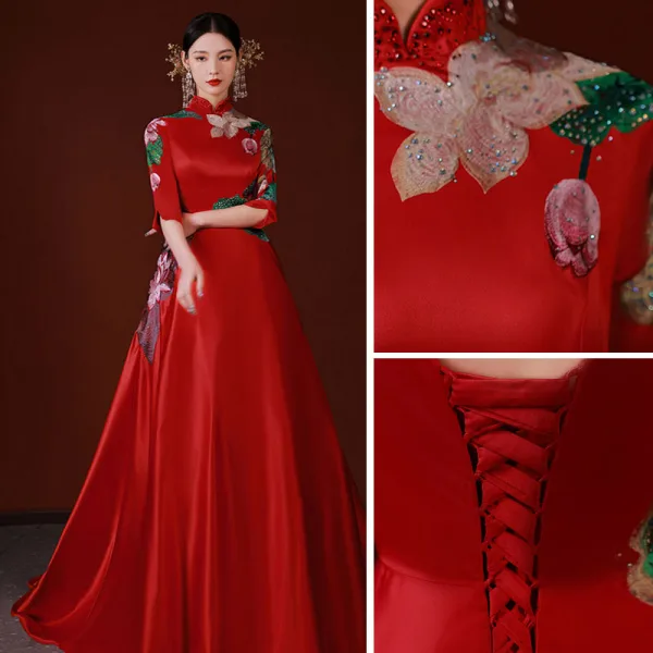 Chinese style Red Rhinestone Embroidered Prom Dresses 2022 Satin A-Line / Princess High Neck 1/2 Sleeves Backless Sweep Train Formal Dresses