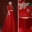 Chinese style Red Rhinestone Embroidered Prom Dresses 2022 Satin A-Line / Princess High Neck 1/2 Sleeves Backless Sweep Train Formal Dresses