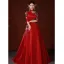 Chinese style Red Rhinestone Embroidered Prom Dresses 2022 Satin A-Line / Princess High Neck 1/2 Sleeves Backless Sweep Train Formal Dresses