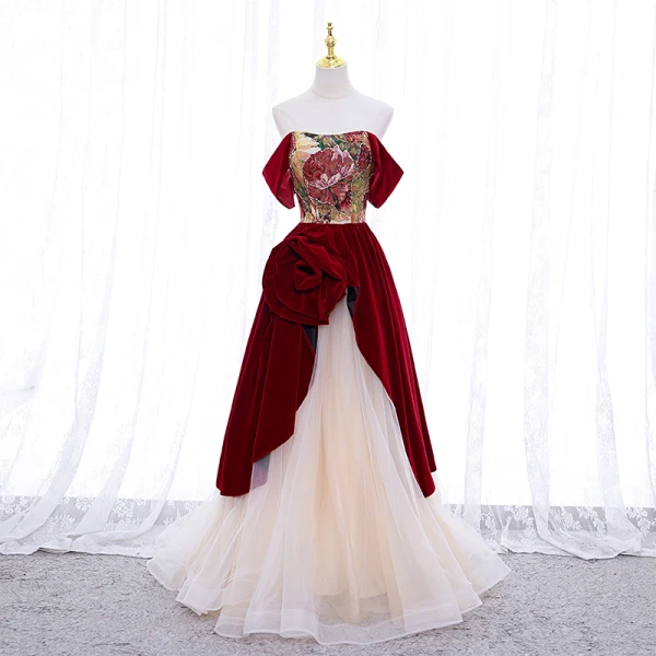 Vintage / Retro Burgundy Suede Printing Prom Dresses 2022 A-Line / Princess Square Neckline Short Sleeve Backless Floor-Length / Long Formal Dresses