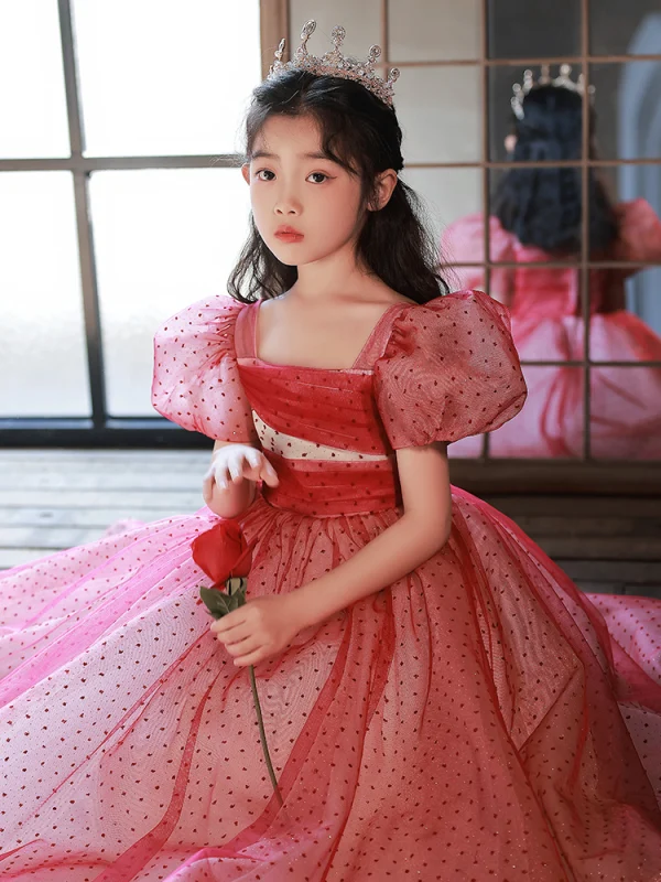 Chic / Beautiful Red Spotted Birthday Flower Girl Dresses 2022 Ball Gown Square Neckline Puffy Short Sleeve Floor-Length / Long Flower Girl Dresses