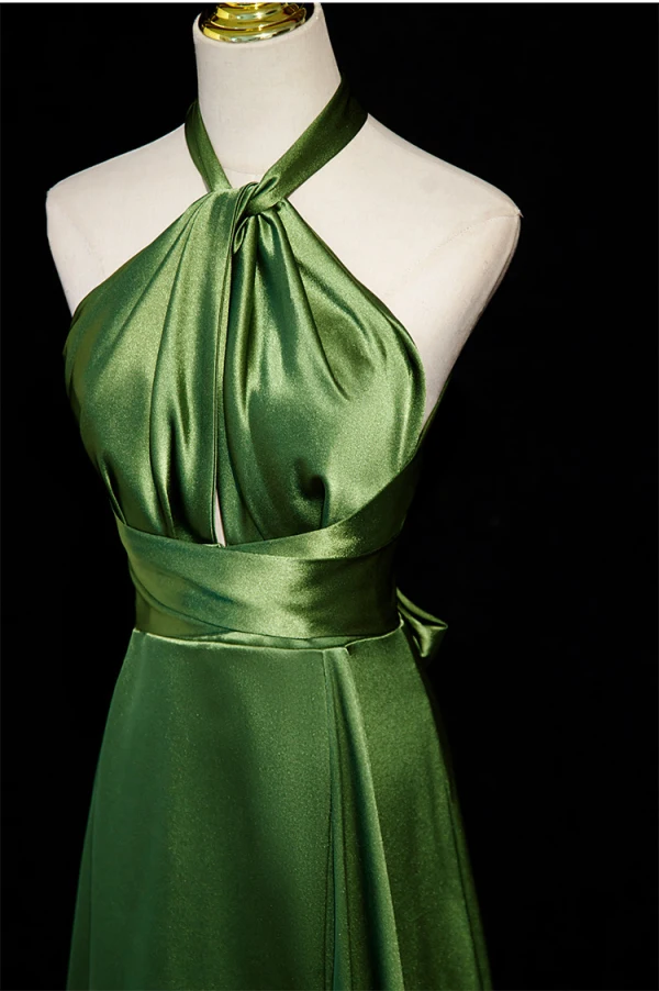 Modest / Simple Green Split Front Evening Dresses High Neck 2024 A-Line / Princess Sleeveless Backless Bow Floor-Length / Long Evening Party Formal Dresses