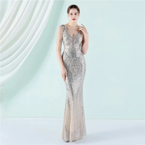 Sparkly Black Sequins Evening Dresses 2022 Trumpet / Mermaid V-Neck Beading Sleeveless Floor-Length / Long Evening Party Formal Dresses