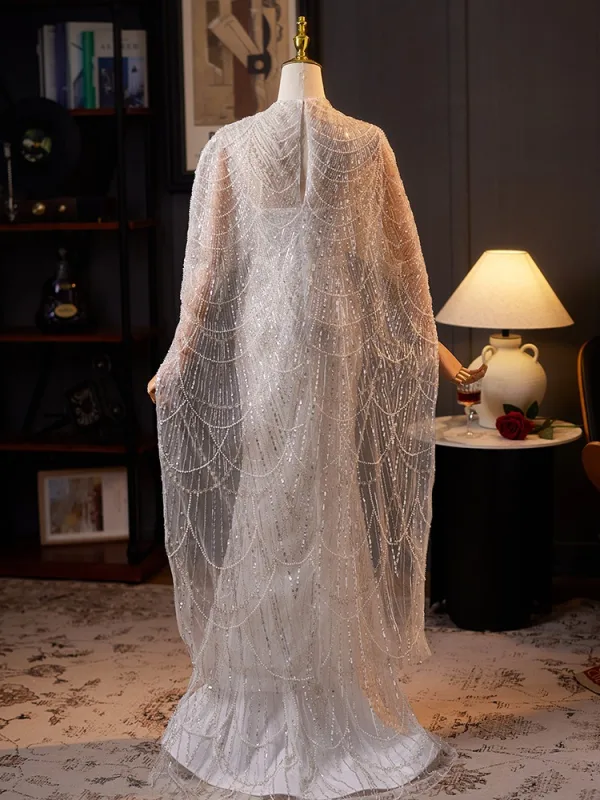 Luxury / Gorgeous Grey Handmade Beading Pearl Sequins Evening Dresses 2025 Trumpet / Mermaid Scoop Neck Short Sleeve Floor-Length / Long Evening Party Formal Dresses