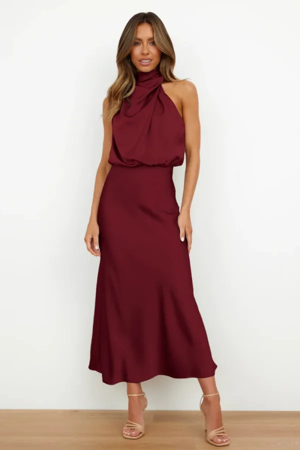 Fashion Beige Street Wear Holiday Women Dresses 2023 High Neck Tea-length Womens Clothing