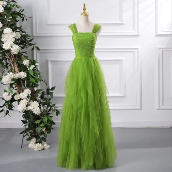 Chic Belle Vert Volants En Cascade Robe De Bal 2024 Princesse Encolure Carrée Sans Manches Dos Nu Longue Promo Robe De Ceremonie
