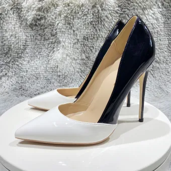 Deux Tons Noire Blanche Soirée Escarpins 2023 Cuir Verni 12 Cm Talons Aiguilles À Bout Pointu Escarpins Talons Hauts