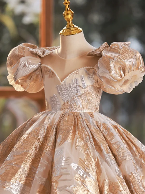 Bling Bling Gold Glitter Printing Pearl Birthday Flower Girl Dresses 2024 Ball Gown Scoop Neck Puffy Short Sleeve Backless Floor-Length / Long